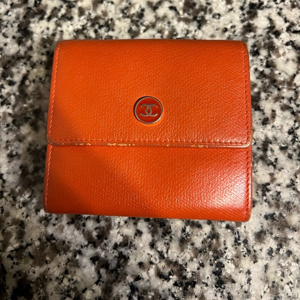 Grained Calfskin Chanel Button Compact Wallet Ora… - image 3